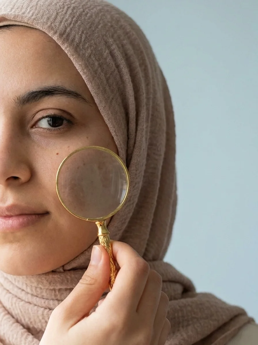 نص وش بنت محجبة، وعدسة مكبّرة على خدها بتشوف بشرتها